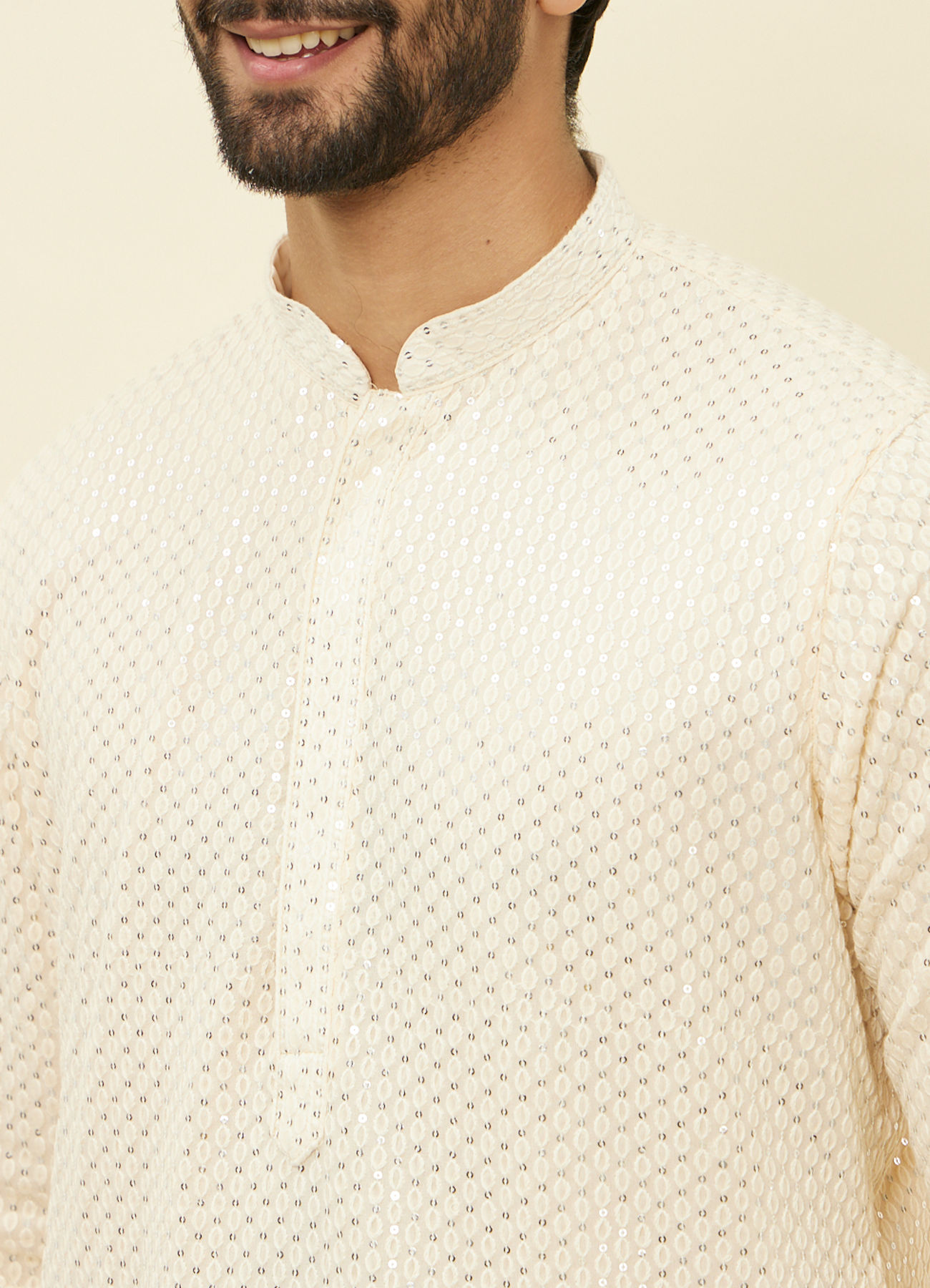 Manyavar Men Pearled Ivory White Chikankari Kurta Set