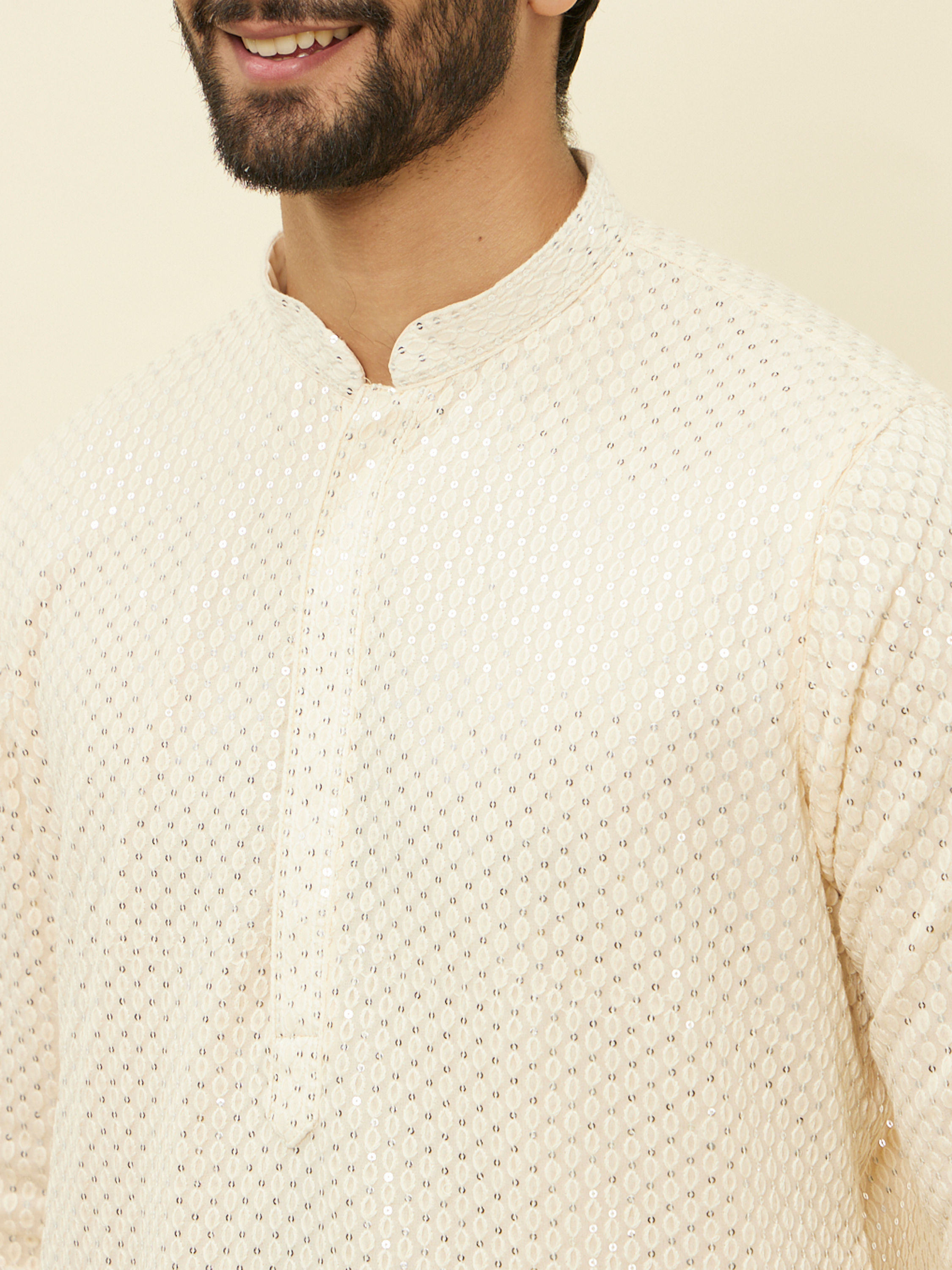 Manyavar Men Pearled Ivory White Chikankari Kurta Set