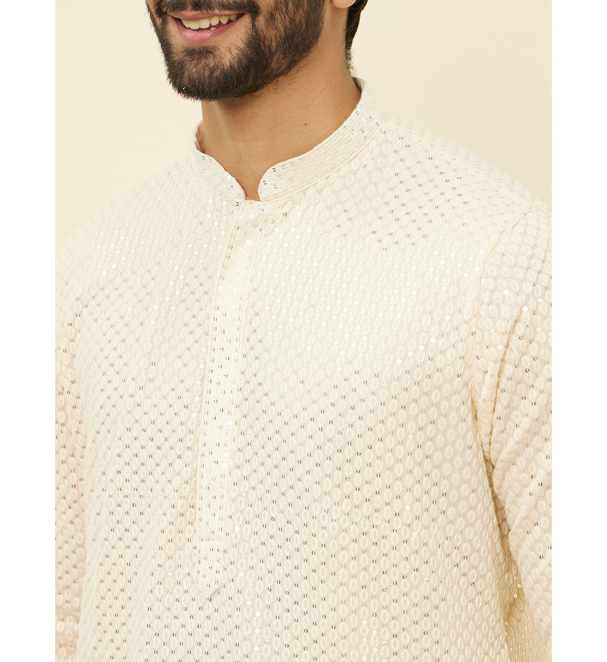 alt message - Manyavar Men Pearled Ivory White Chikankari Kurta Set image number 1