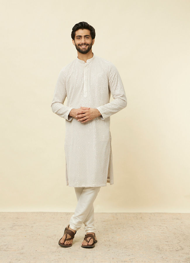 Manyavar Men Glacier Grey Chikankari Kurta Set