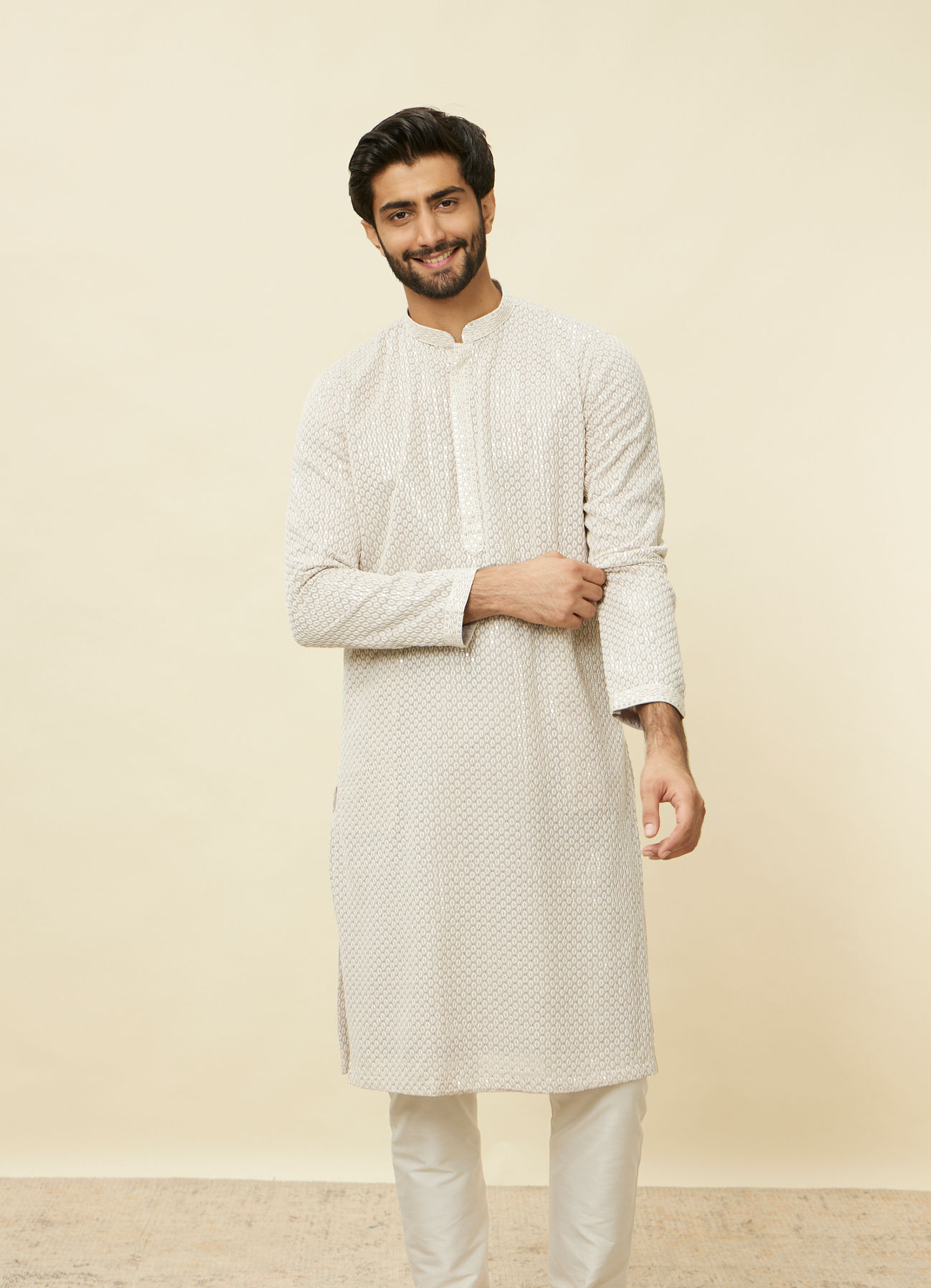 Manyavar Men Glacier Grey Chikankari Kurta Set