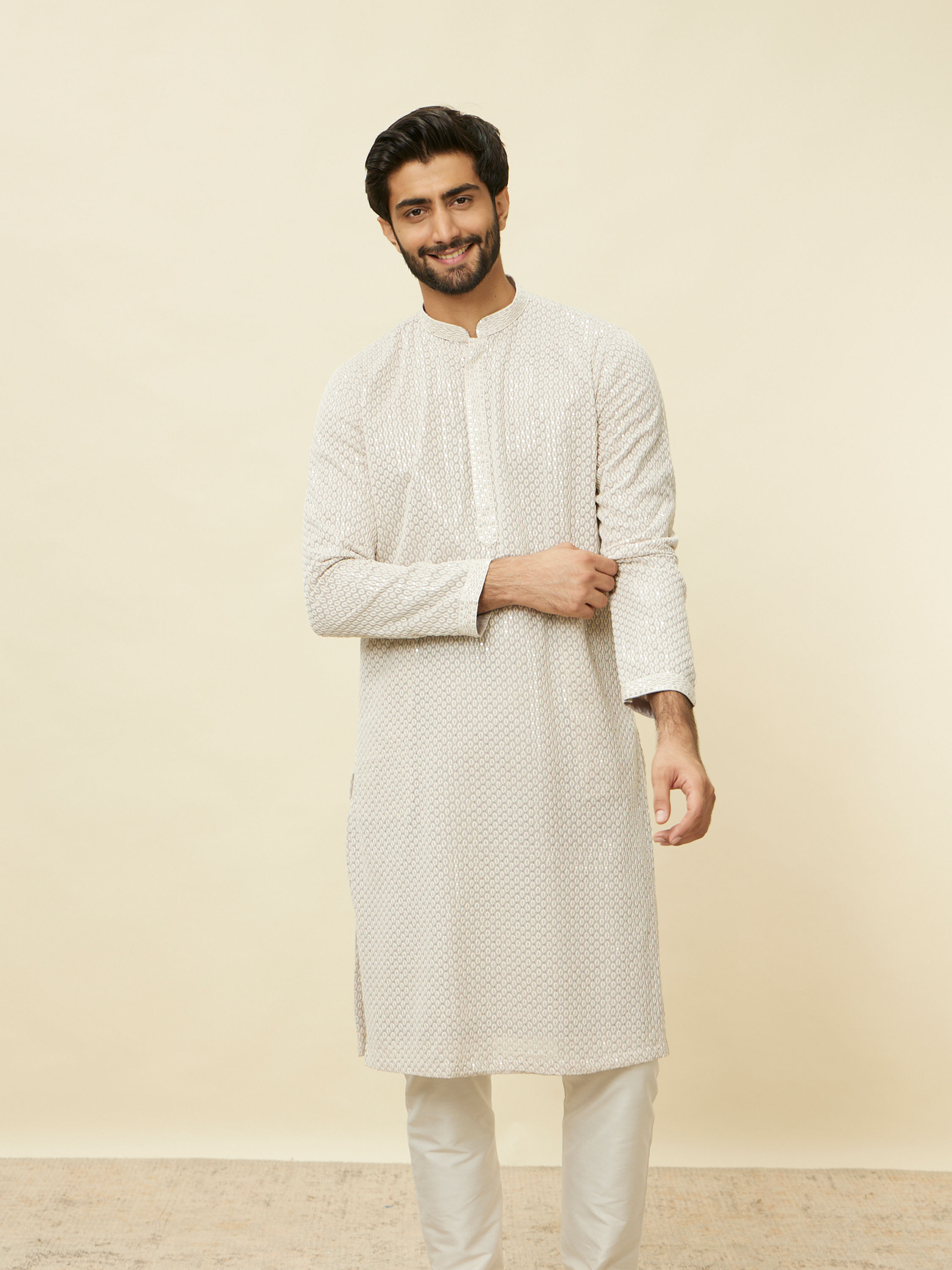 Manyavar Men Glacier Grey Chikankari Kurta Set