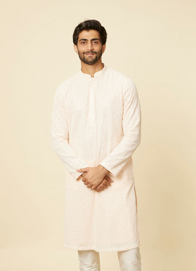 alt message - Manyavar Men Peach Pearl Chikankari Kurta Set image number 0