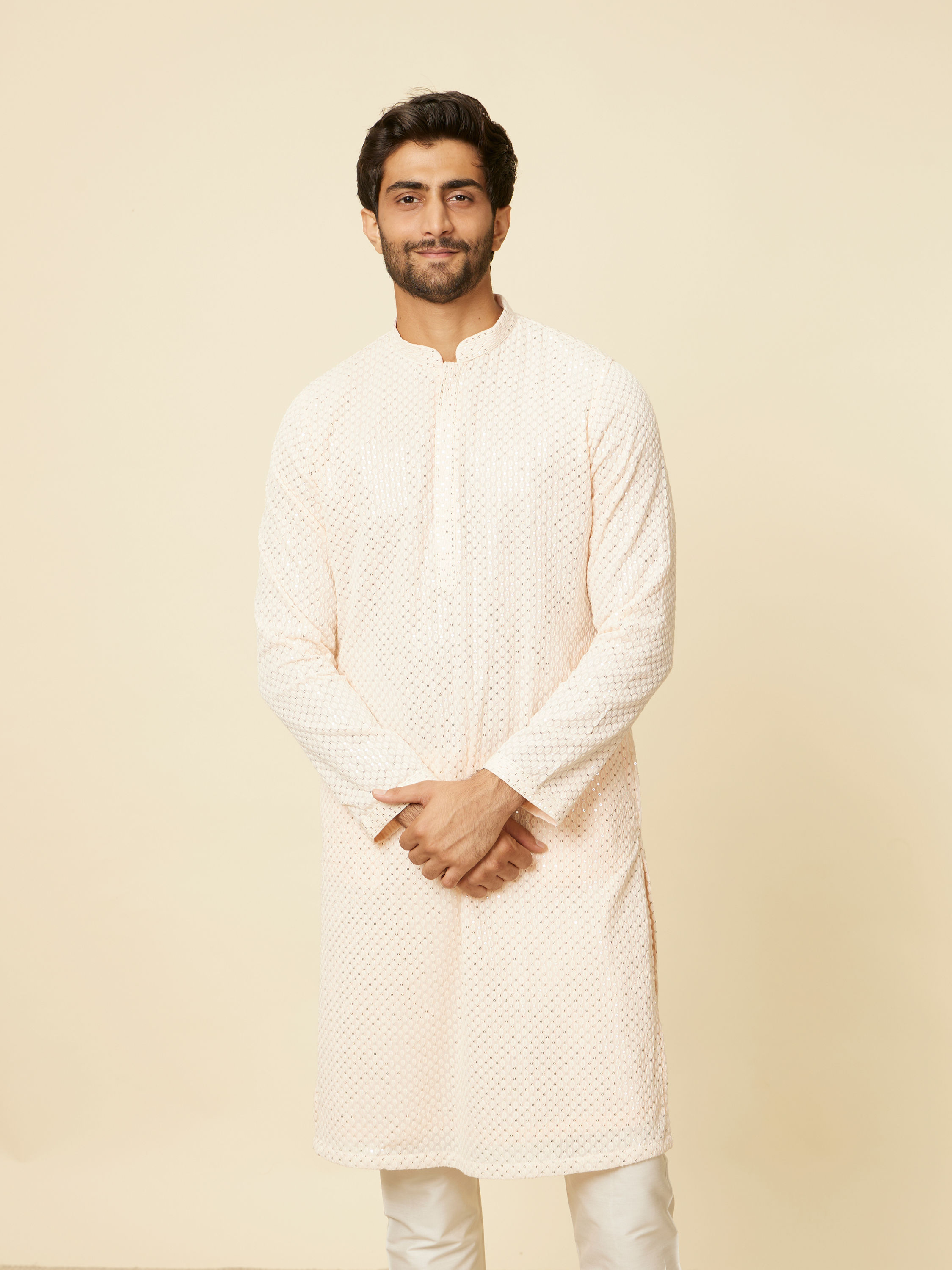 Manyavar Men Peach Pearl Chikankari Kurta Set