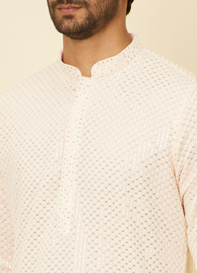 alt message - Manyavar Men Peach Pearl Chikankari Kurta Set image number 1