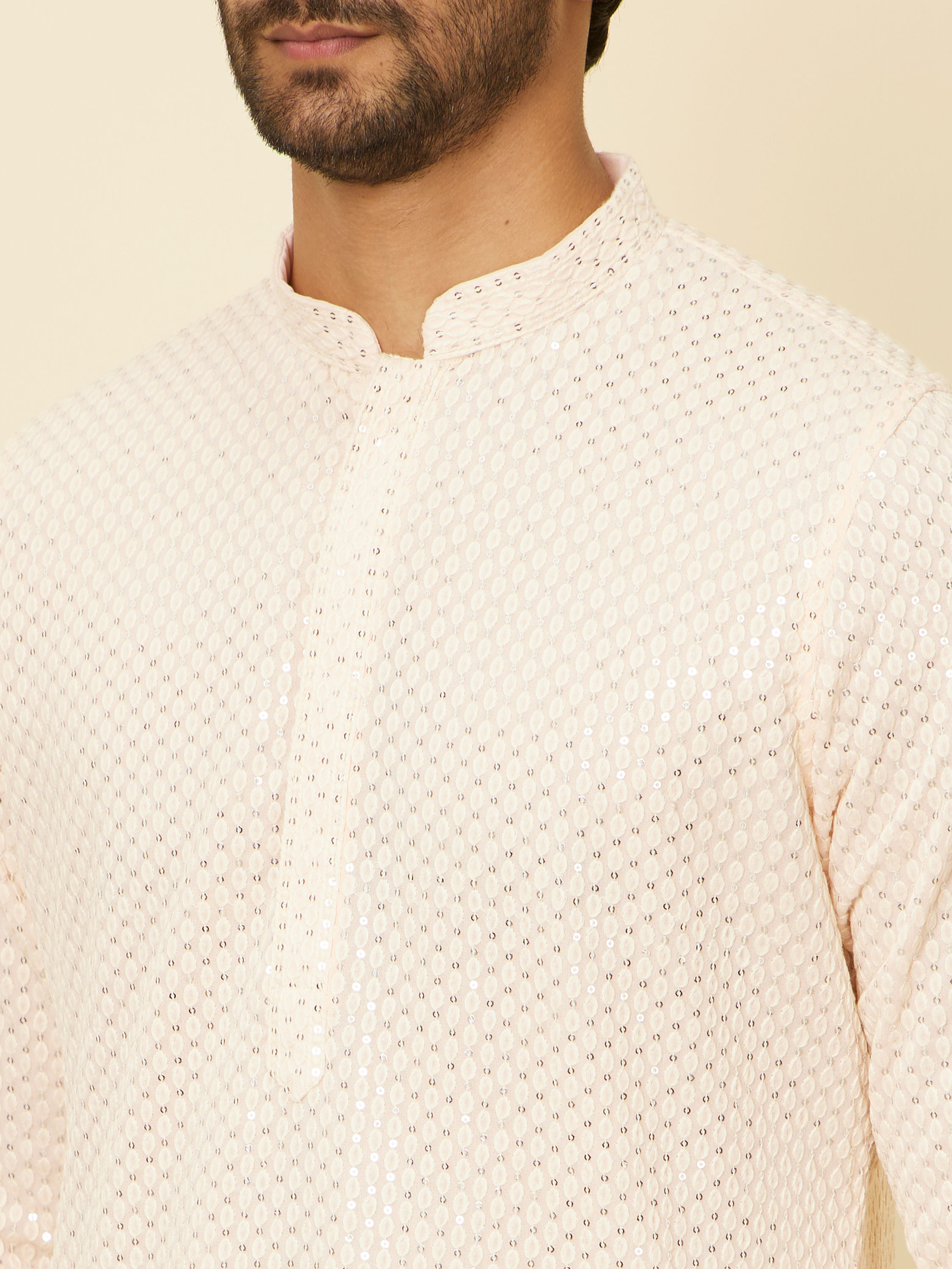 Manyavar Men Peach Pearl Chikankari Kurta Set