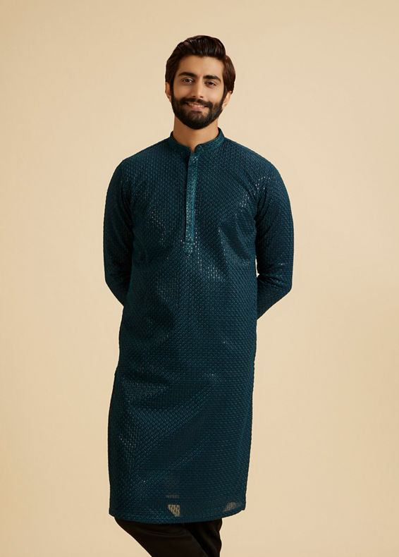 Manyavar Men Teal Blue Elegance Kurta Pajama