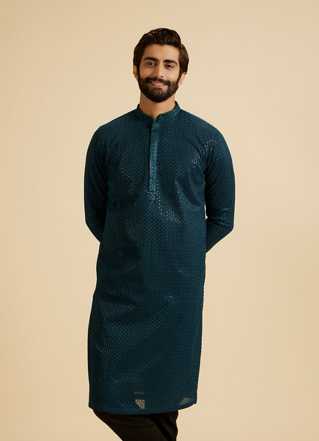 Manyavar Men Teal Blue Elegance Kurta Pajama