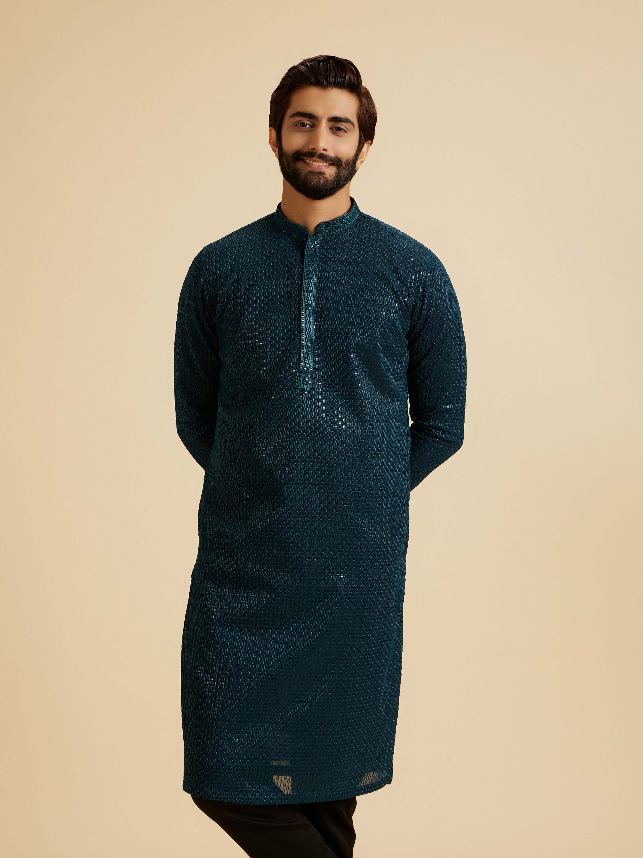 Manyavar Men Teal Blue Elegance Kurta Pajama