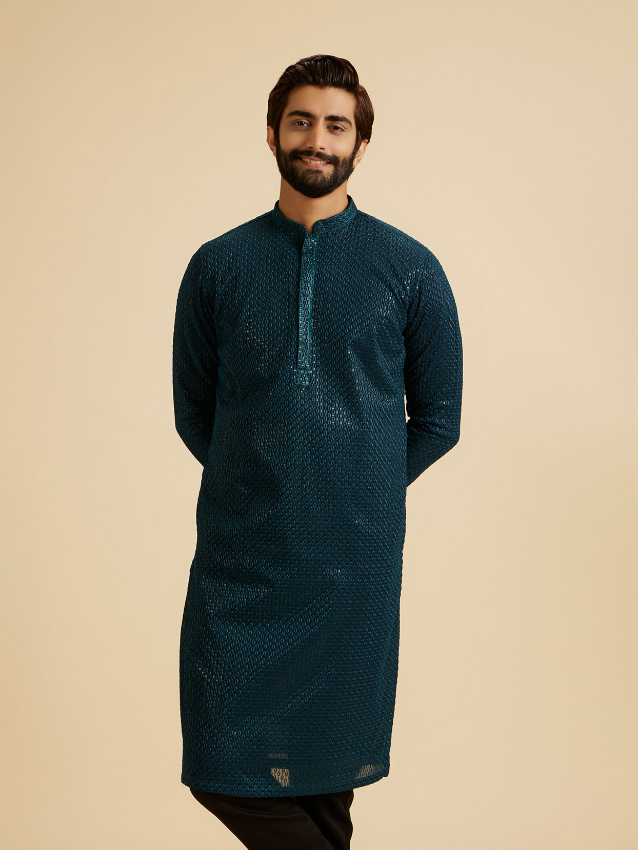 Manyavar Men Teal Blue Elegance Kurta Pajama