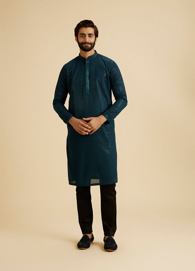 Manyavar Men Teal Blue Elegance Kurta Pajama