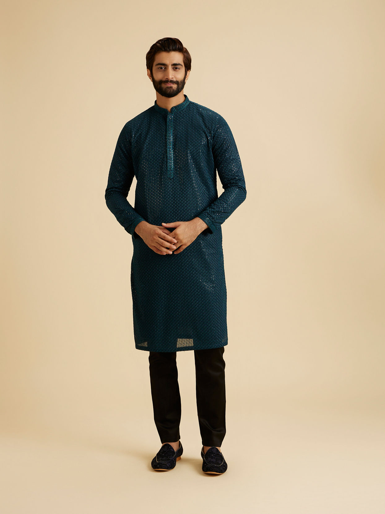 Manyavar Men Teal Blue Elegance Kurta Pajama