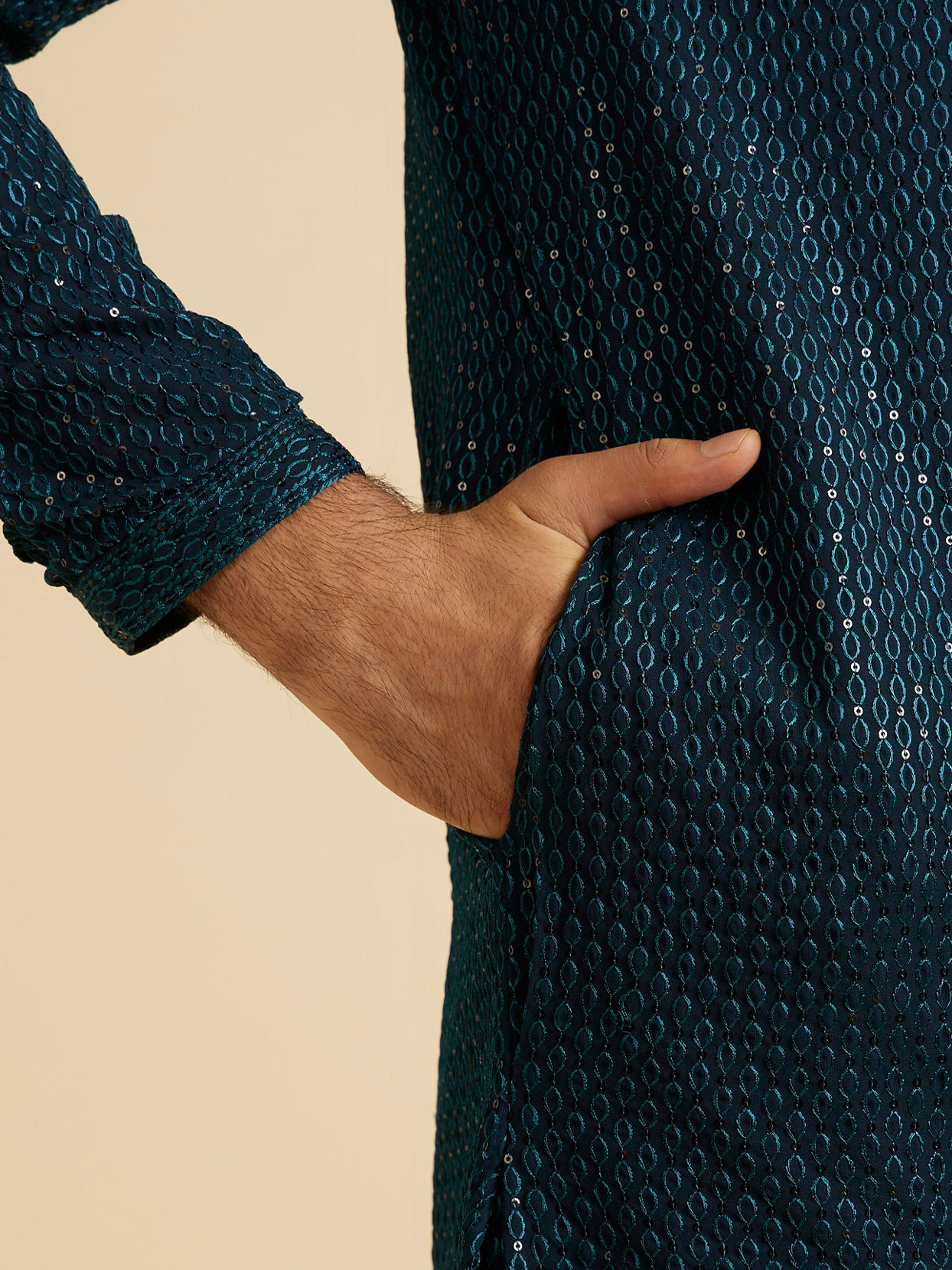 Manyavar Men Teal Blue Elegance Kurta Pajama