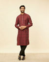Manyavar Men Plum Red Frequency Print Kurta Set