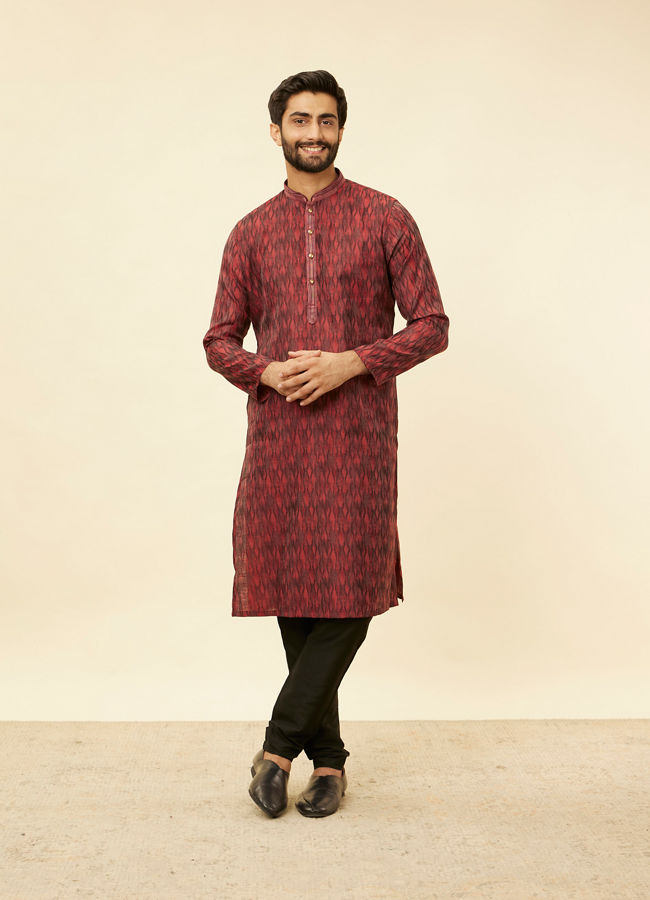 Manyavar Men Plum Red Frequency Print Kurta Set
