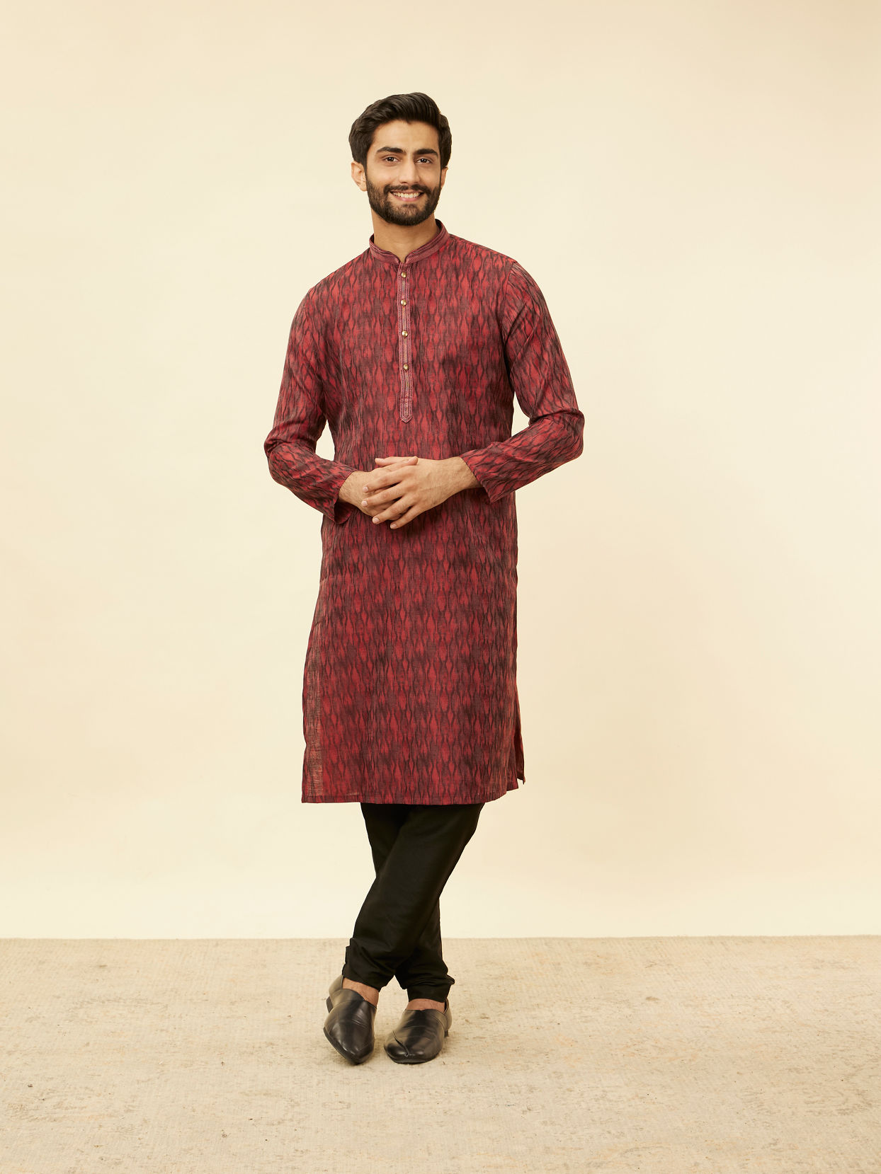 Manyavar Men Plum Red Frequency Print Kurta Set