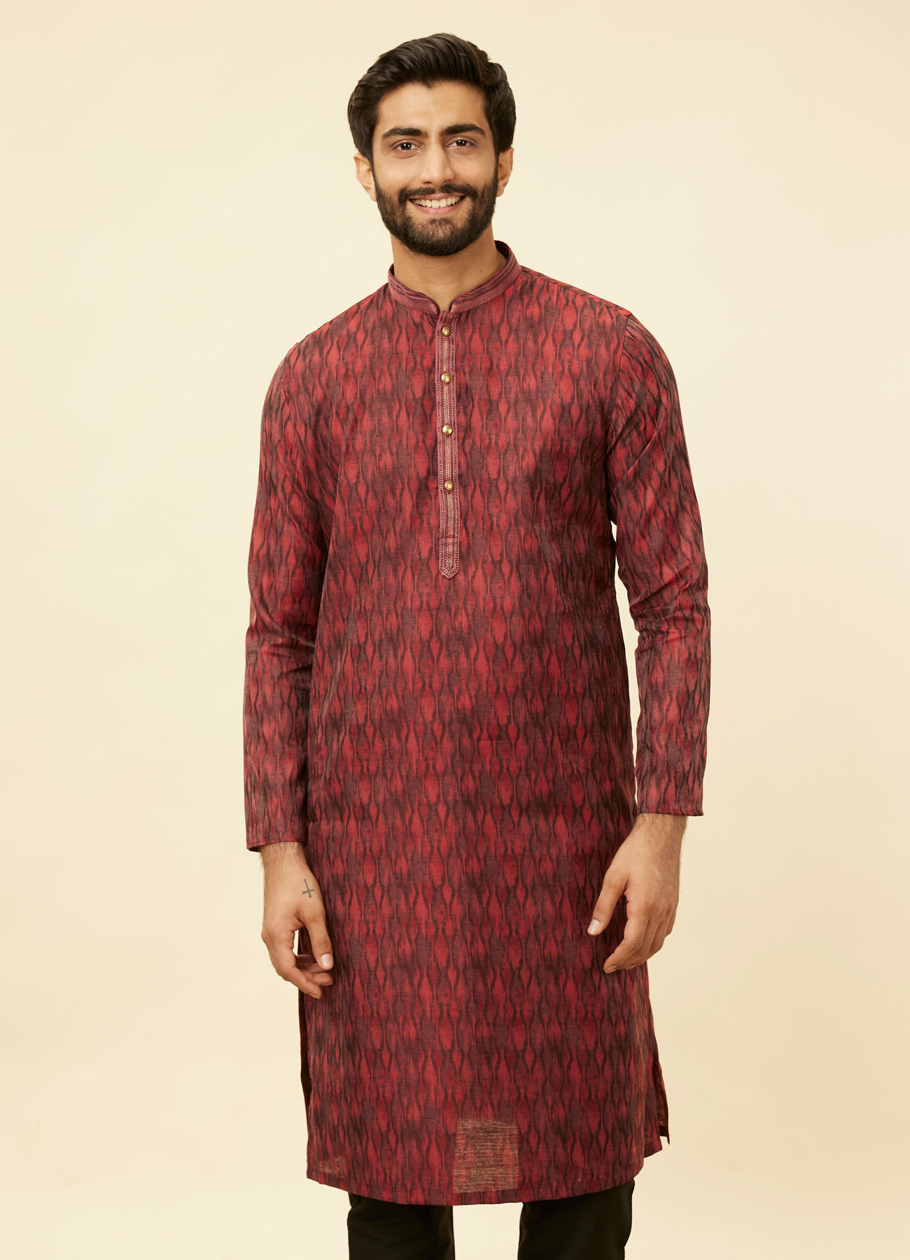 Manyavar Men Plum Red Frequency Print Kurta Set