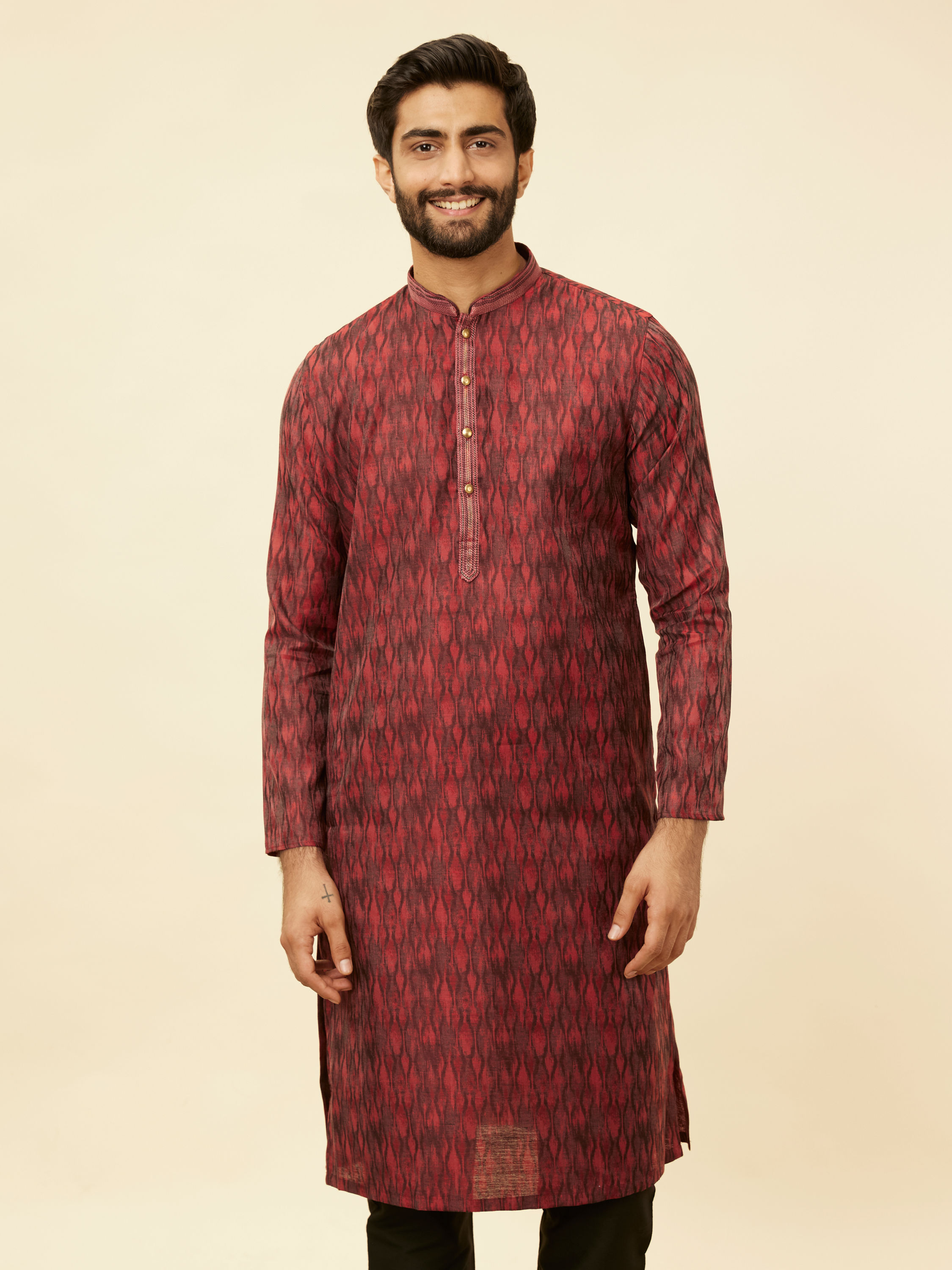 Manyavar Men Plum Red Frequency Print Kurta Set