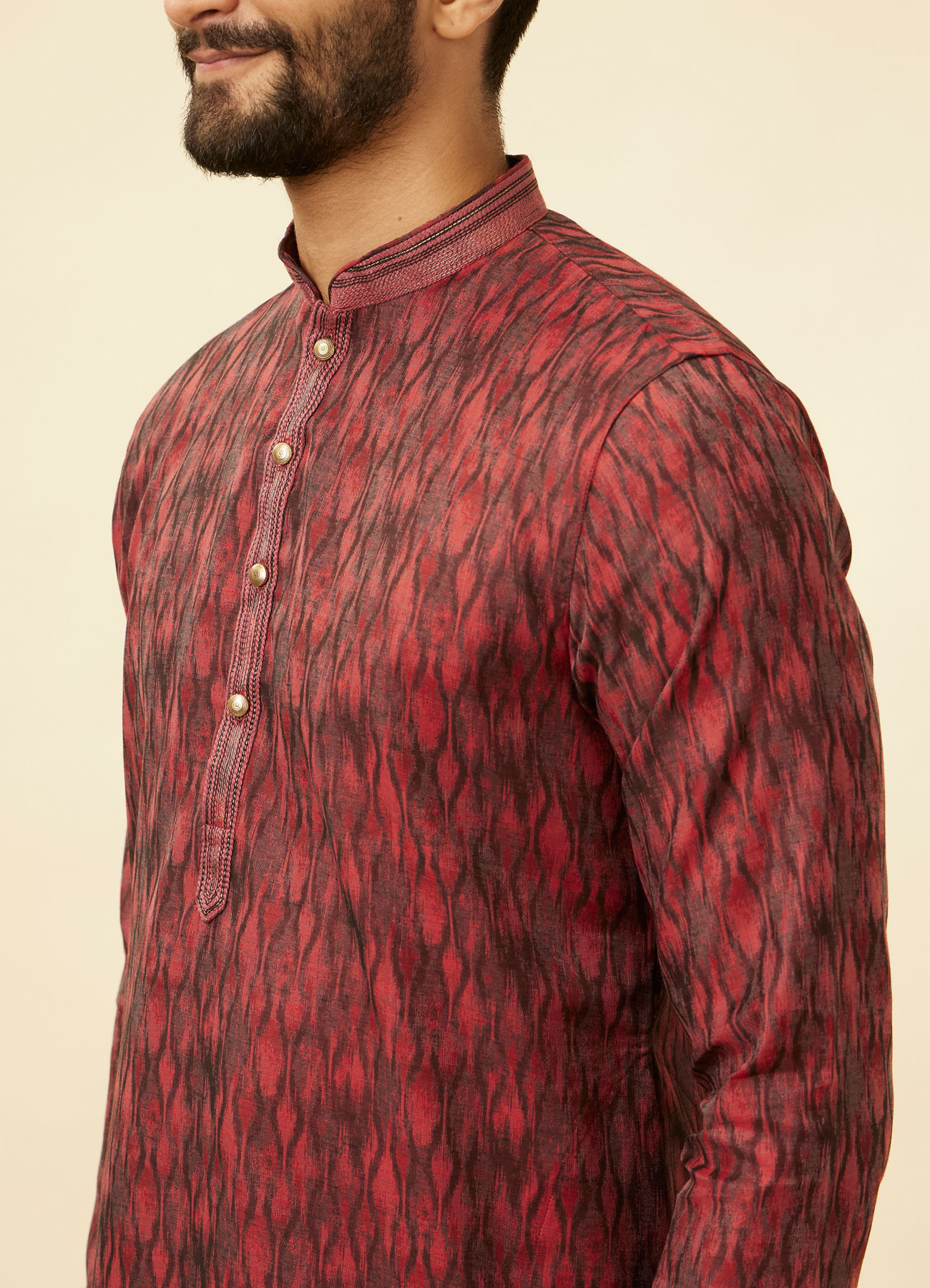 Manyavar Men Plum Red Frequency Print Kurta Set