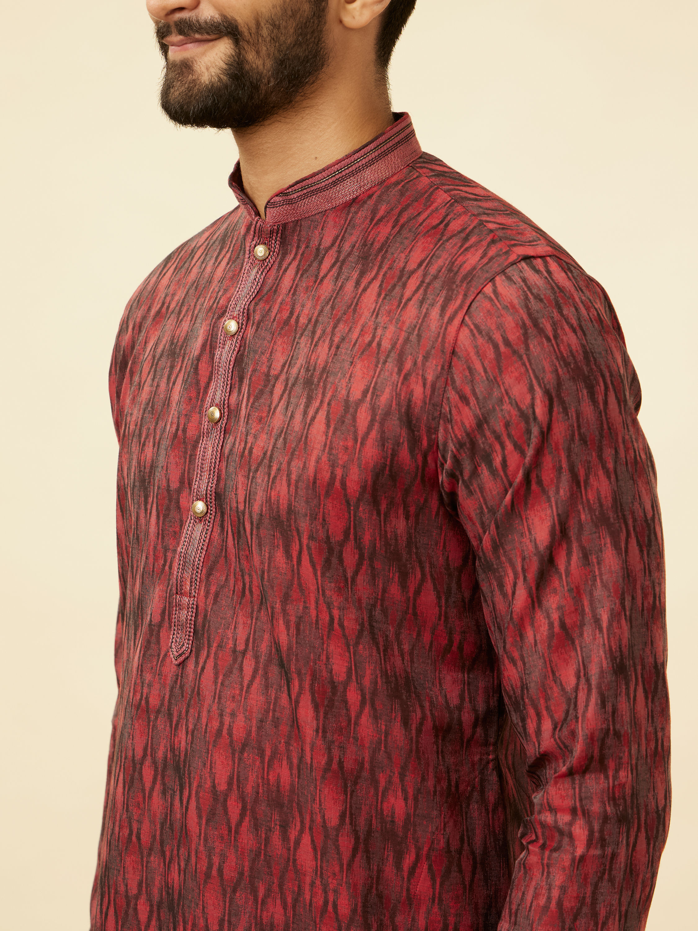 Manyavar Men Plum Red Frequency Print Kurta Set