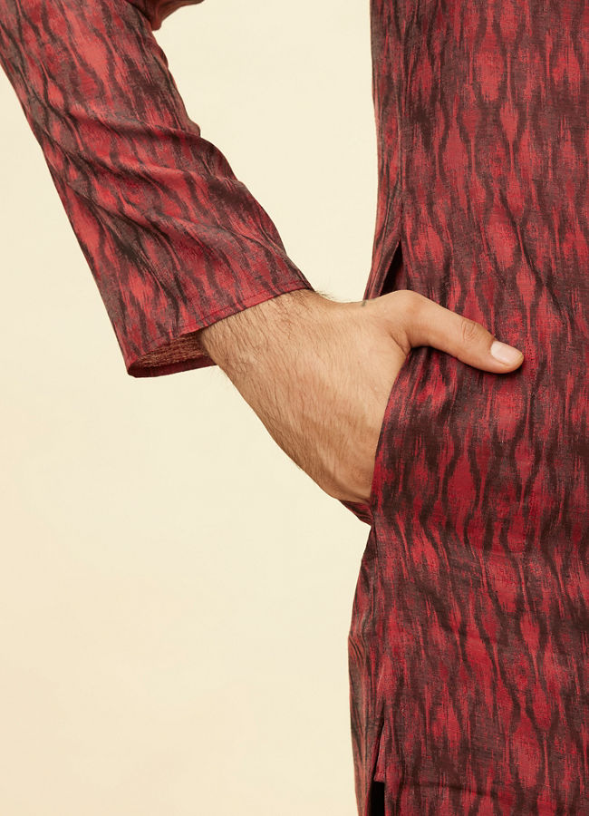 Manyavar Men Plum Red Frequency Print Kurta Set