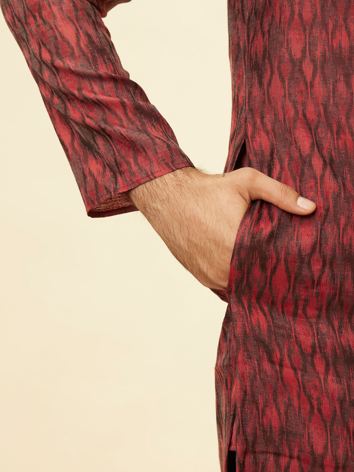 Manyavar Men Plum Red Frequency Print Kurta Set