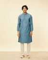 Manyavar Men Turquoise Blue Moroccan Print Kurta Set