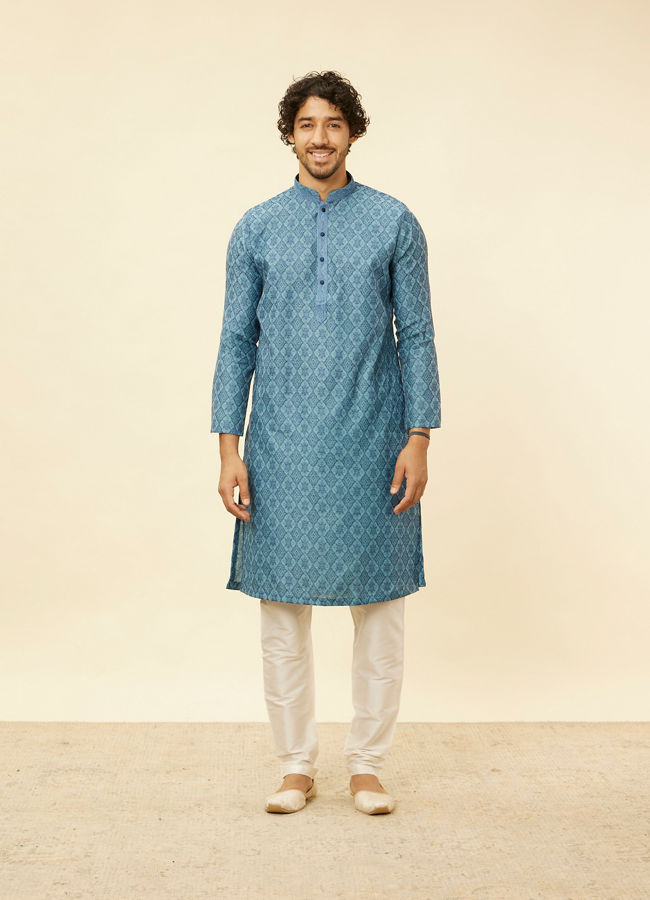 Manyavar Men Turquoise Blue Moroccan Print Kurta Set