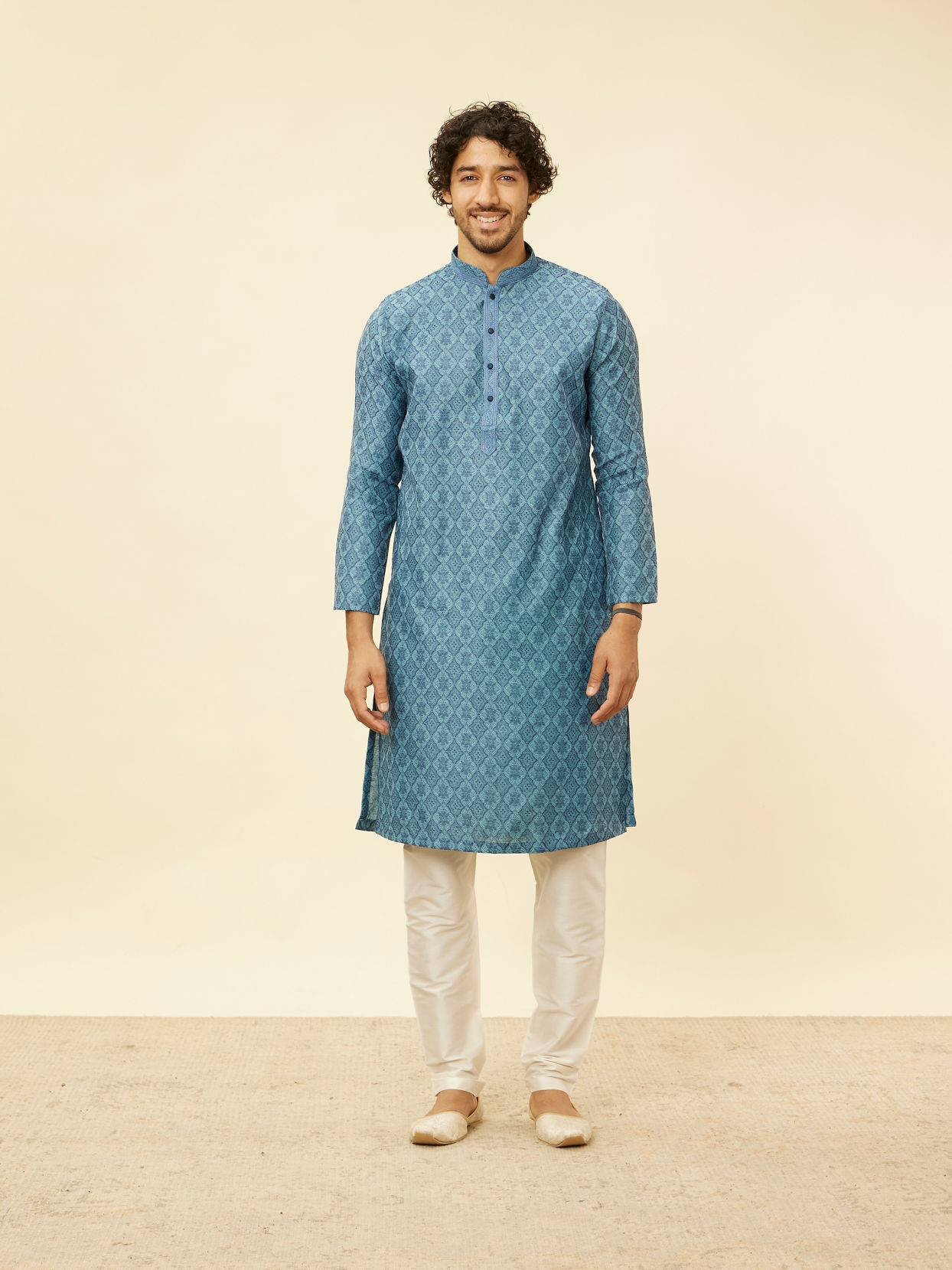 Manyavar Men Turquoise Blue Moroccan Print Kurta Set