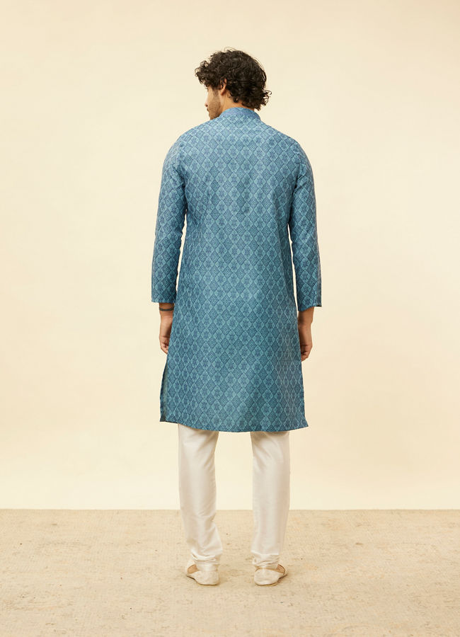 Manyavar Men Turquoise Blue Moroccan Print Kurta Set