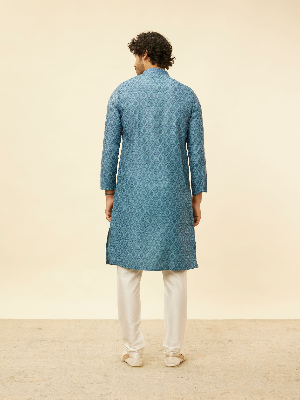 Manyavar Men Turquoise Blue Moroccan Print Kurta Set
