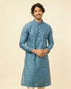 Manyavar Men Turquoise Blue Moroccan Print Kurta Set