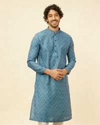 Manyavar Men Turquoise Blue Moroccan Print Kurta Set