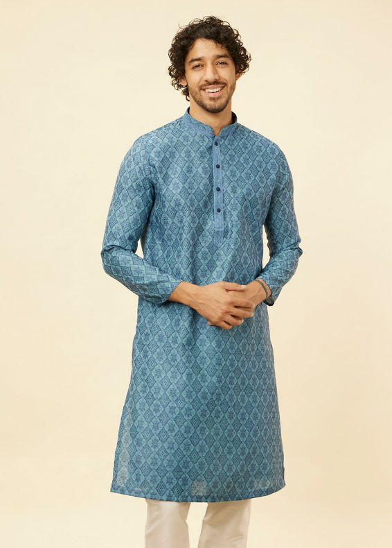 Manyavar Men Turquoise Blue Moroccan Print Kurta Set