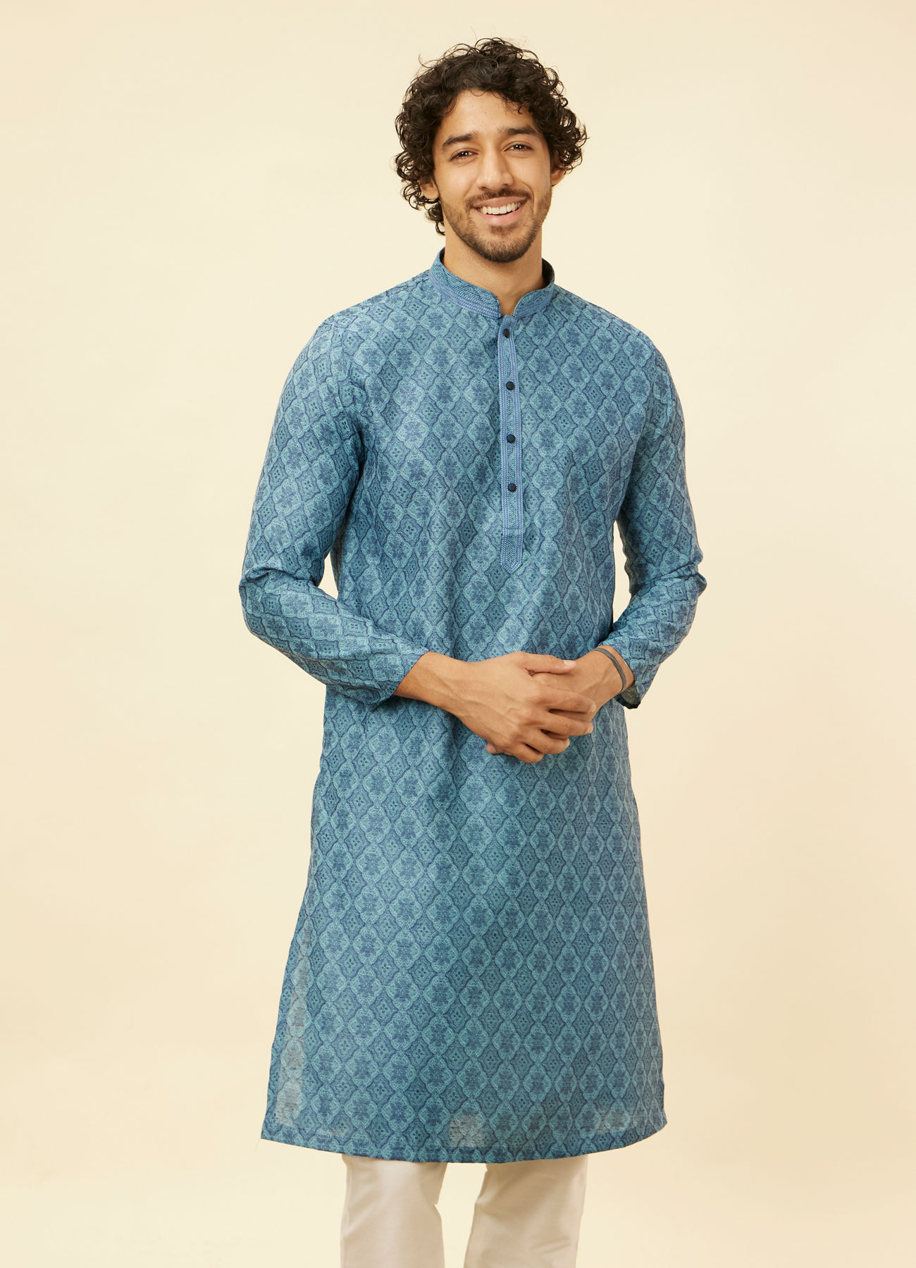 Manyavar Men Turquoise Blue Moroccan Print Kurta Set