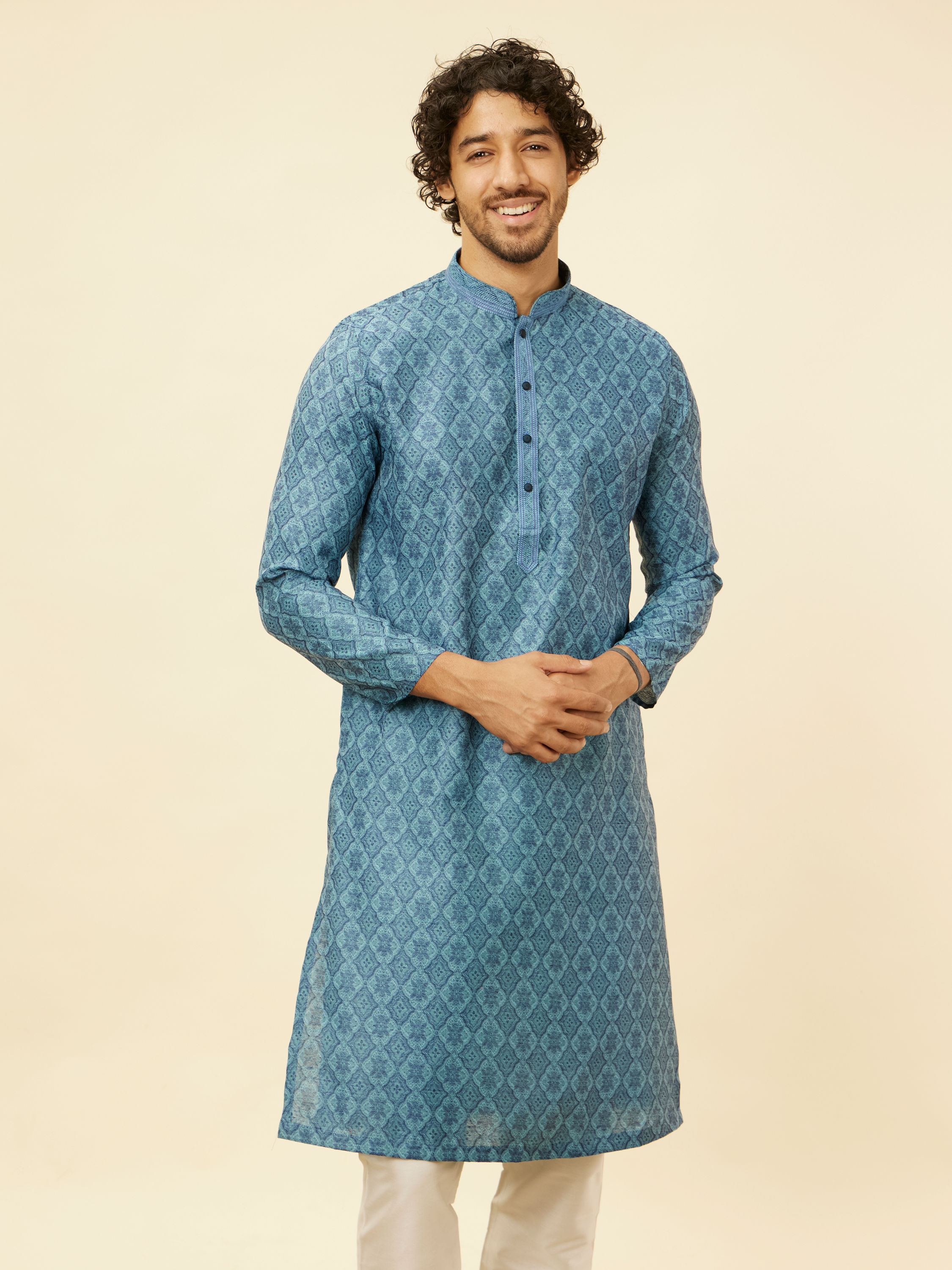Manyavar Men Turquoise Blue Moroccan Print Kurta Set
