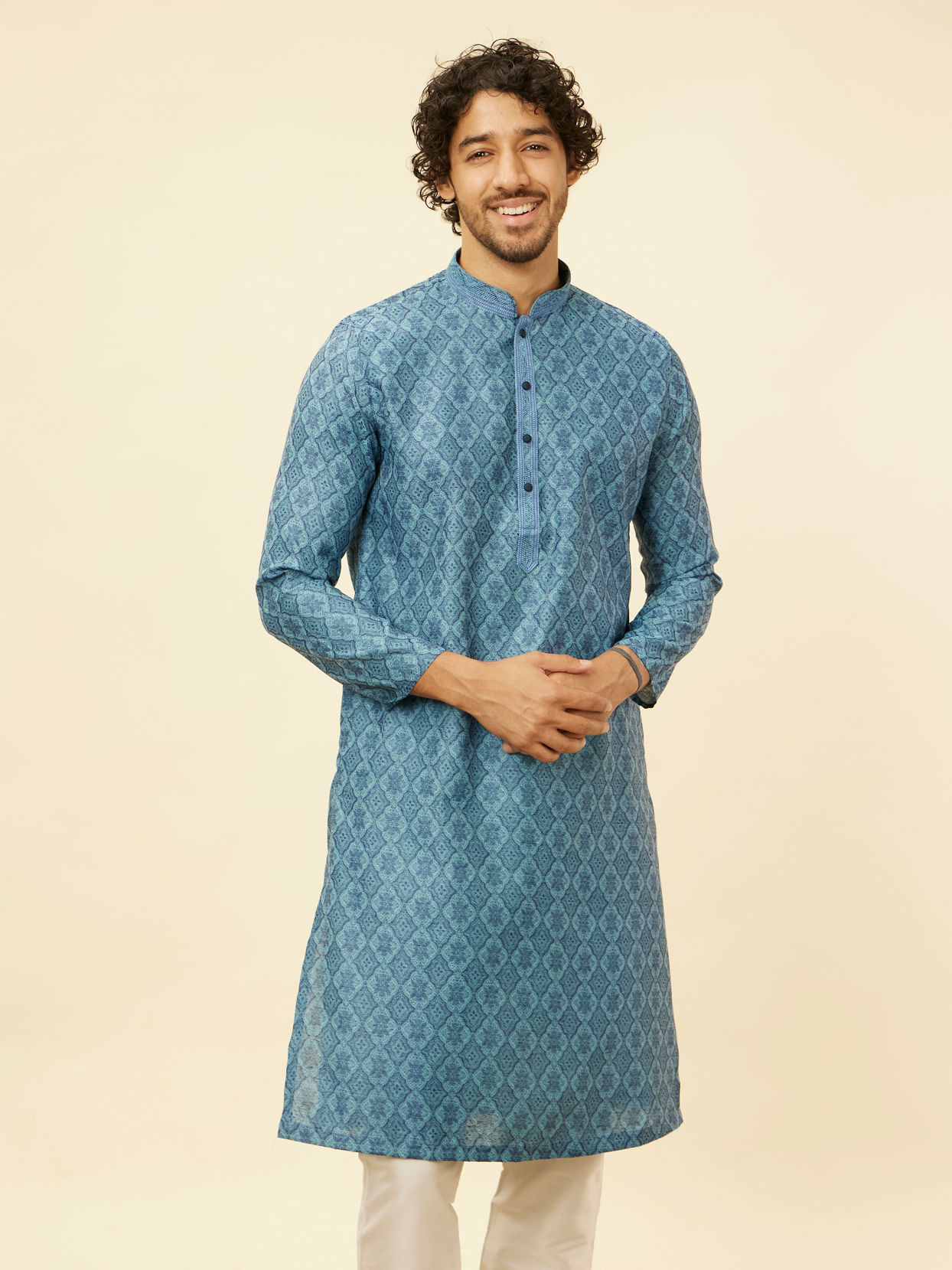 Manyavar Men Turquoise Blue Moroccan Print Kurta Set