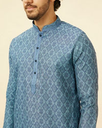 Manyavar Men Turquoise Blue Moroccan Print Kurta Set