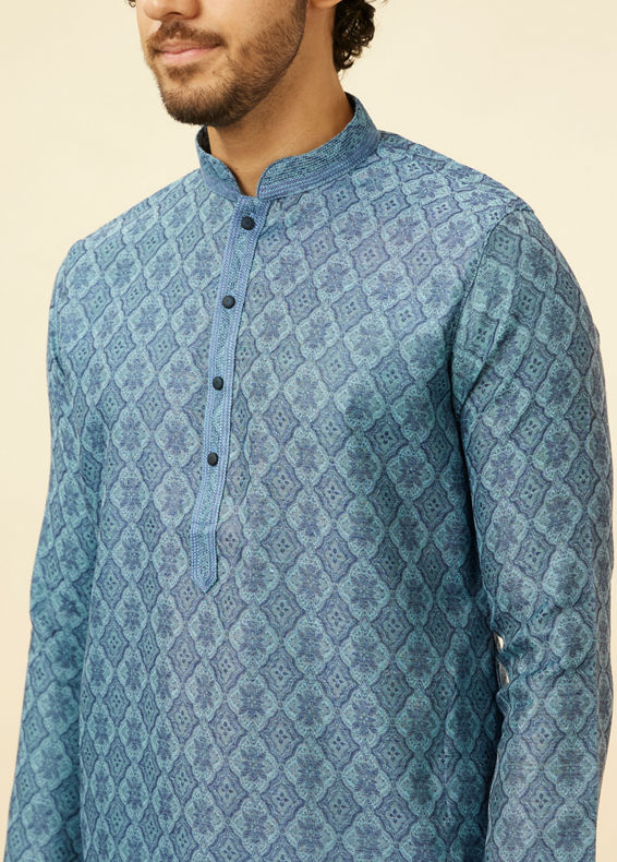 Manyavar Men Turquoise Blue Moroccan Print Kurta Set
