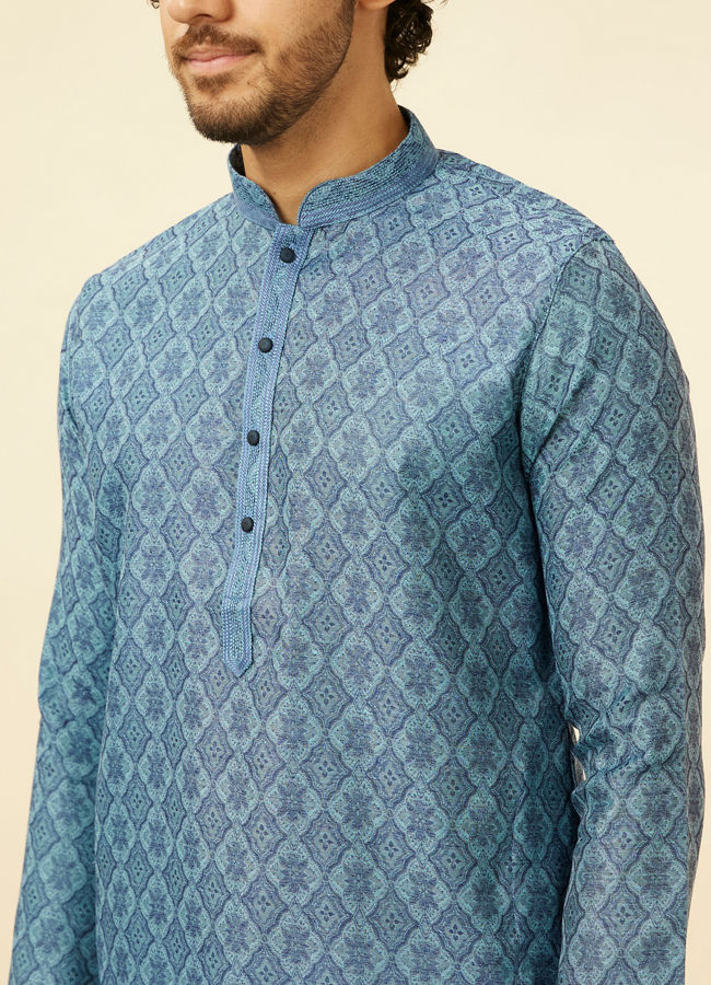 Manyavar Men Turquoise Blue Moroccan Print Kurta Set