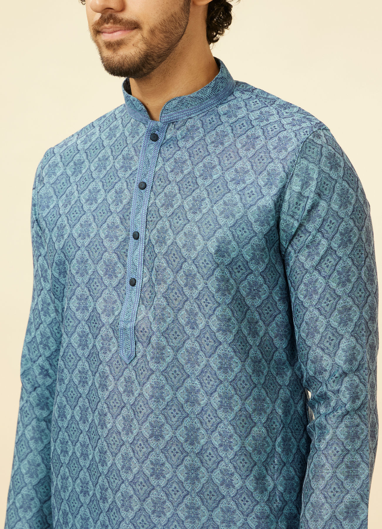 Manyavar Men Turquoise Blue Moroccan Print Kurta Set