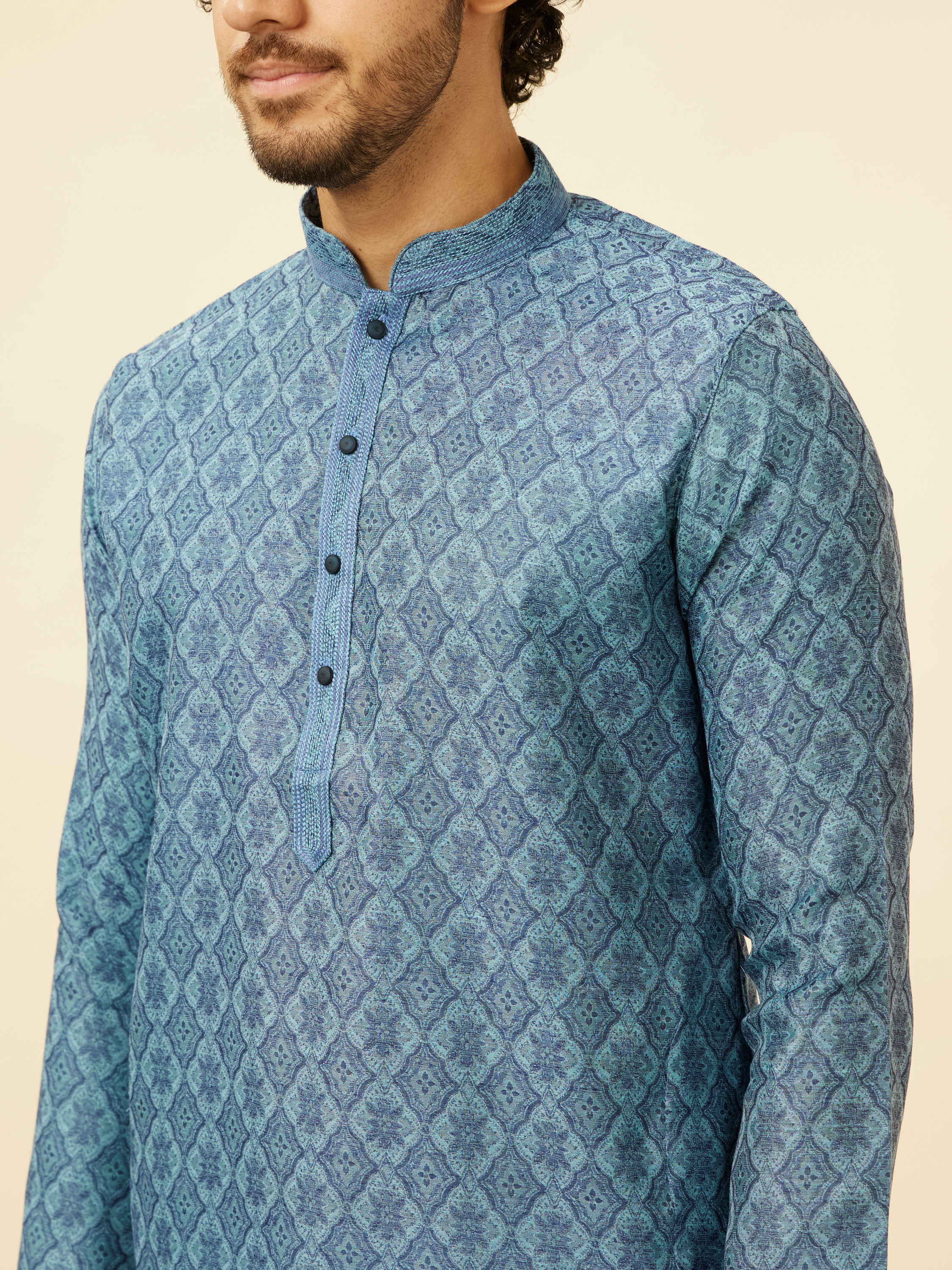 Manyavar Men Turquoise Blue Moroccan Print Kurta Set