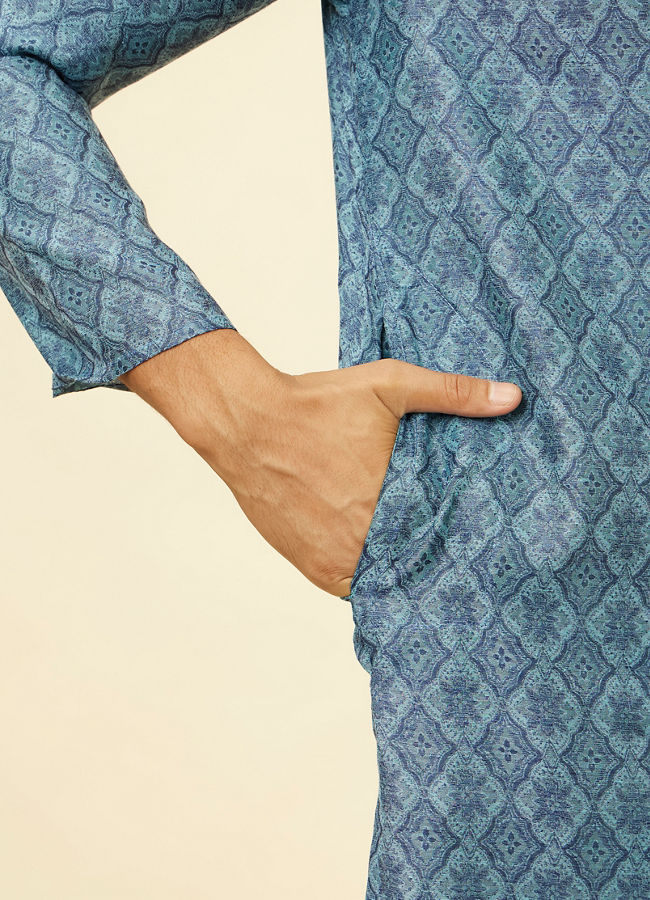 Manyavar Men Turquoise Blue Moroccan Print Kurta Set