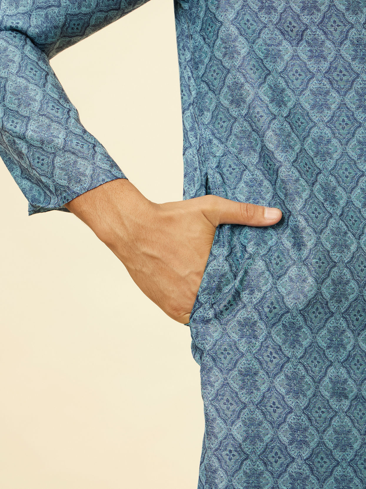 Manyavar Men Turquoise Blue Moroccan Print Kurta Set