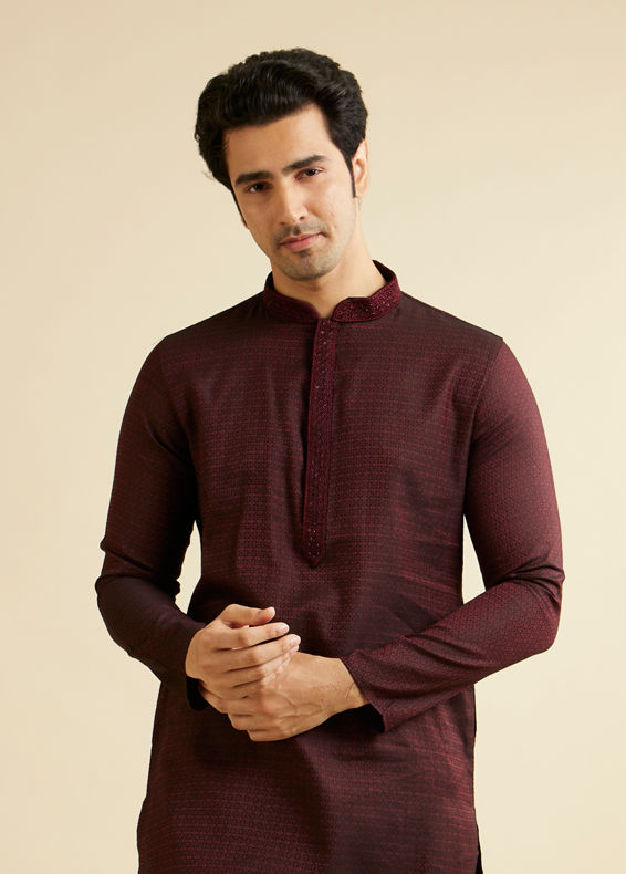Manyavar Men Dark Maroon Kurta Set with Intricate Triangular Patterns