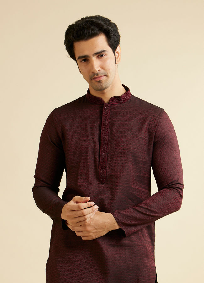 Manyavar Men Dark Maroon Kurta Set with Intricate Triangular Patterns image number 0