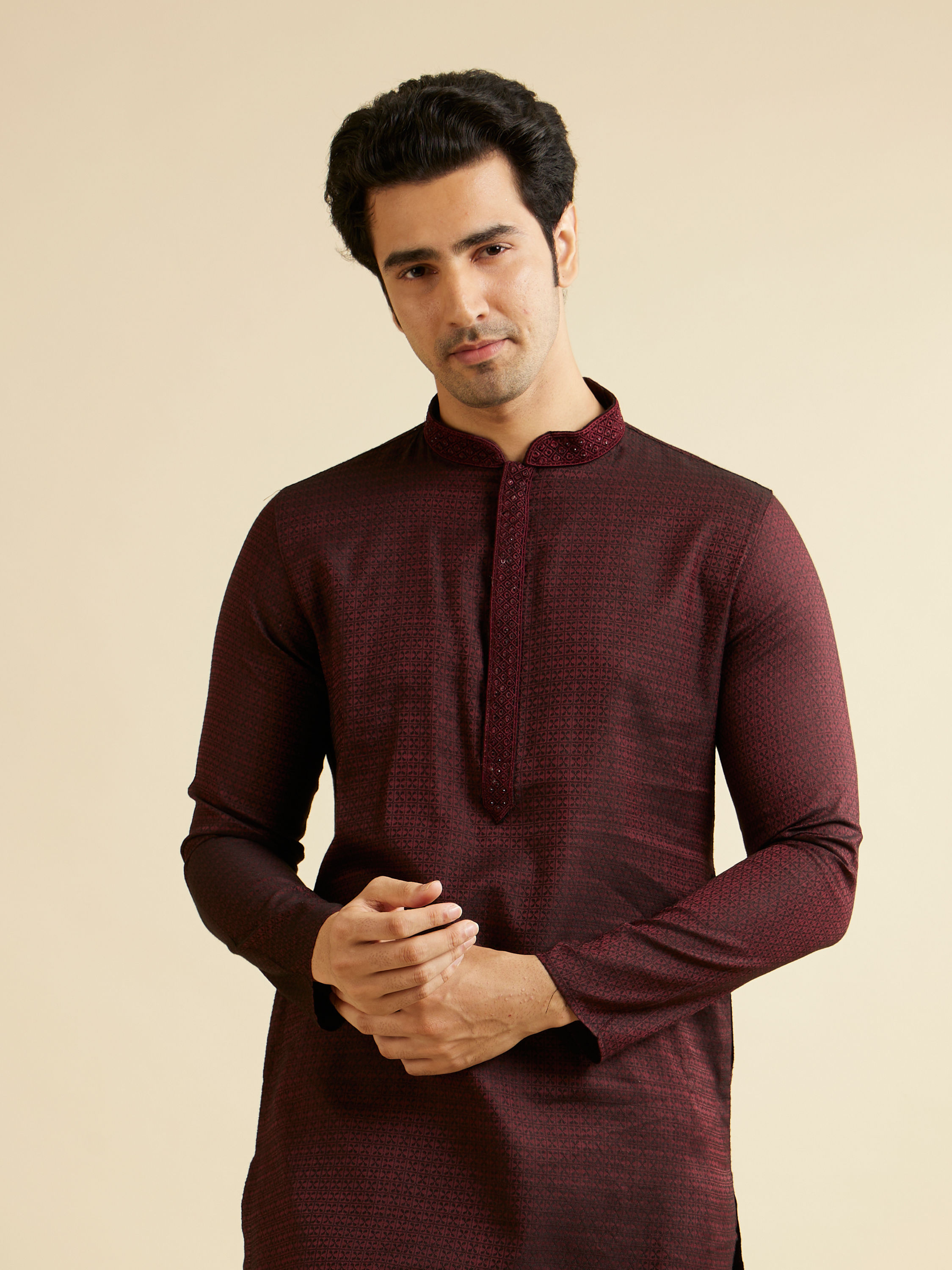 Manyavar Men Dark Maroon Kurta Set with Intricate Triangular Patterns