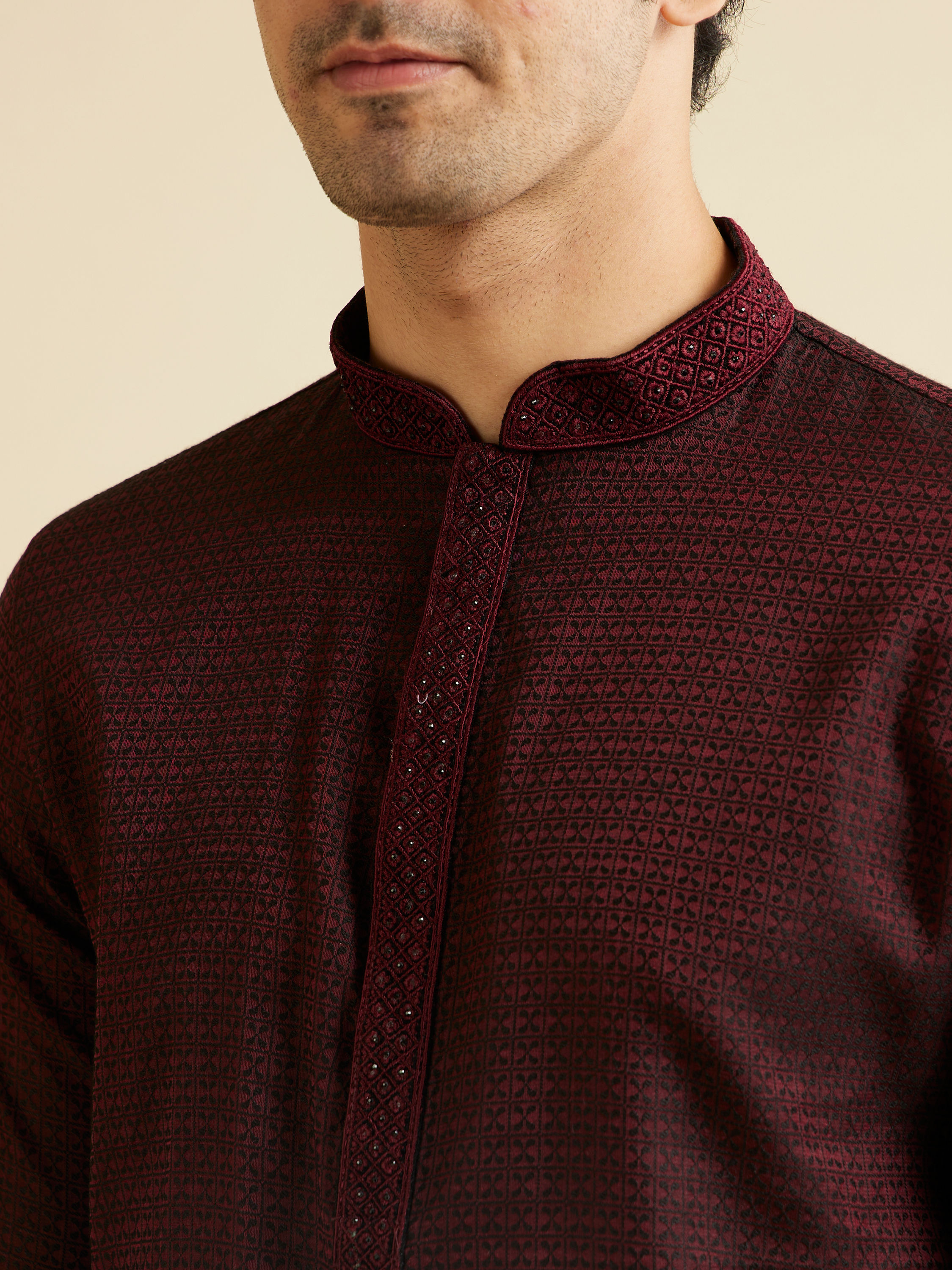 Manyavar Men Dark Maroon Kurta Set with Intricate Triangular Patterns