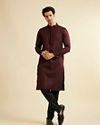 Manyavar Men Dark Maroon Kurta Set with Intricate Triangular Patterns