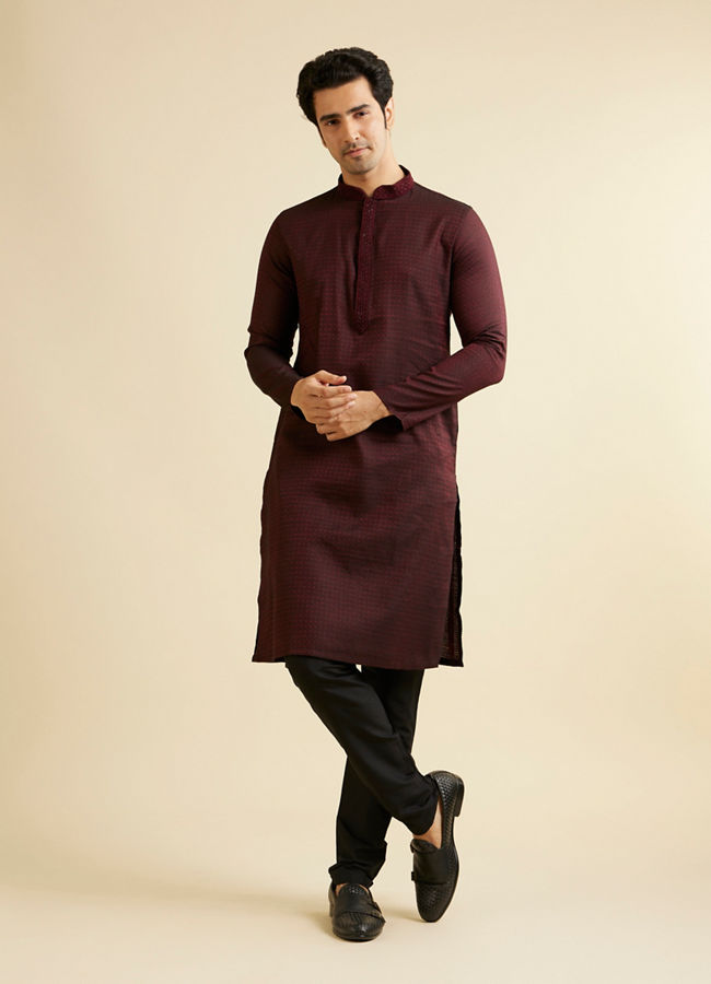 Manyavar Men Dark Maroon Kurta Set with Intricate Triangular Patterns